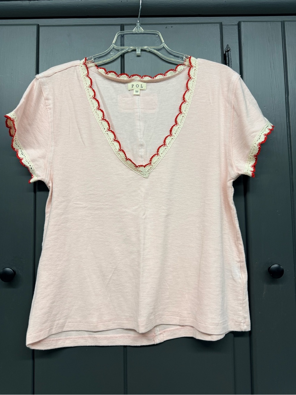 POL Light Pink V-Neck Short Sleeve Top with Red and Cream Trim